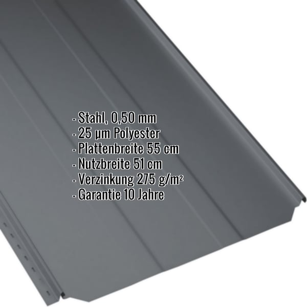 Stehfalzblech PD-510-S Trapez anthrazitgrau, 0,50 mm Stahl, mit eingeblendeten Eckdaten