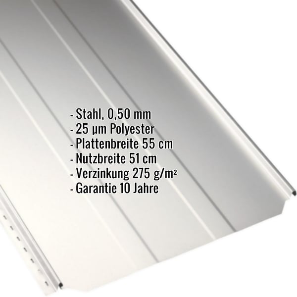 Stehfalzblech PD-510-S Trapez, Reinweiß RAL 9010, mit eingeblendeten Eckdaten zu Material und Maßen