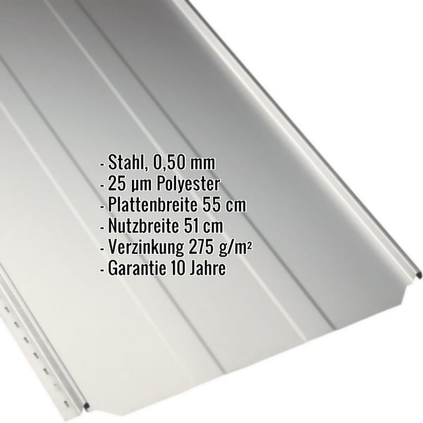 Stehfalzblech PD-510-S Trapez Grauweiß RAL 9002 mit eingeblendeten Eckdaten