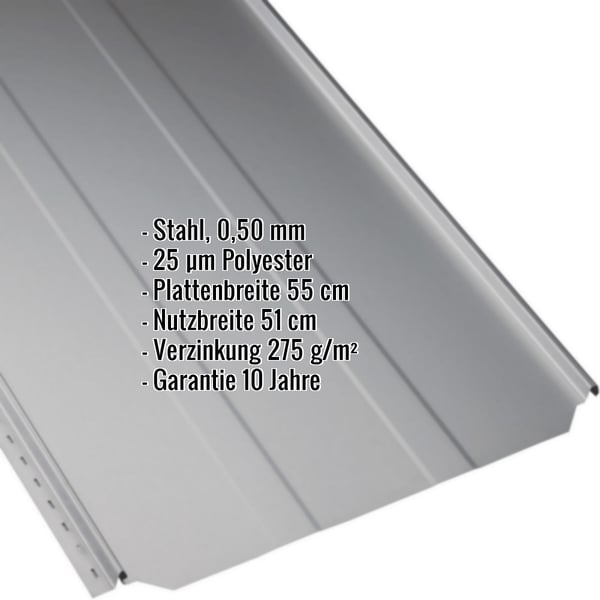 Stehfalzblech PD-510-S Trapez, Weißaluminium RAL 9006, mit eingeblendeten Eckdaten