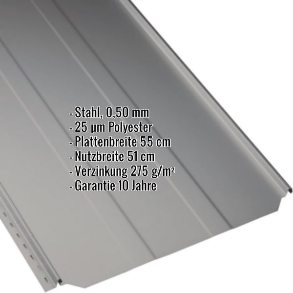 Stehfalzblech PD-510-S Graualuminium, Stahl 0,50 mm, mit eingeblendeten Eckdaten