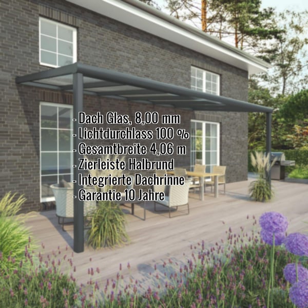Terrassenüberdachung in RAL 7016 mit 8,00 mm Glasdach, Eckdaten eingeblendet