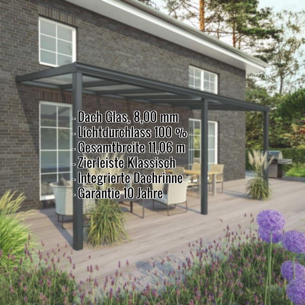 Terrassenüberdachung RAL 7016 mit 8,00 mm Glasdach, Eckdaten eingeblendet
