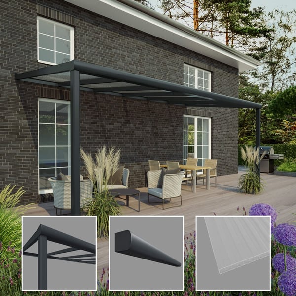 Terrassenüberdachung RAL 7016, mit Detailansichten von Pfosten, Zierleiste und 16 mm Polycarbonatplatte