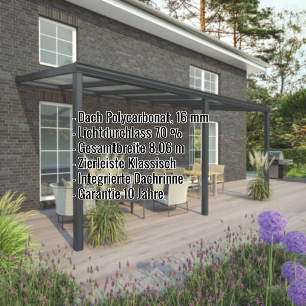 Terrassenüberdachung RAL 7016 mit Polycarbonatdach 16 mm, Eckdaten zur Breite und Garantie eingeblendet