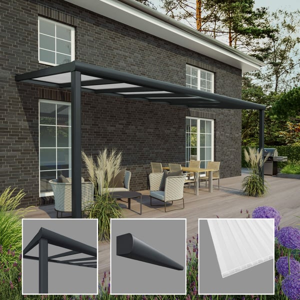 Terrassenüberdachung in RAL 7016 mit Detailansichten von Pfosten, Zierleiste und 16 mm Polycarbonatplatte