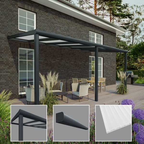 Terrassenüberdachung RAL 7016 mit Details von Profil, Zierleiste und 16 mm Polycarbonatplatte