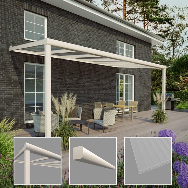 Terrassenüberdachung RAL 9001, 16 mm, mit Detailansichten von Profil, Zierleiste und Polycarbonatplatte
