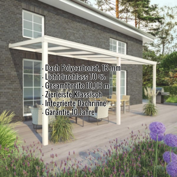 Terrassenüberdachung RAL 9001 mit eingeblendeten Eckdaten zu Dach Polycarbonat 16 mm und Lichtdurchlass 70 %