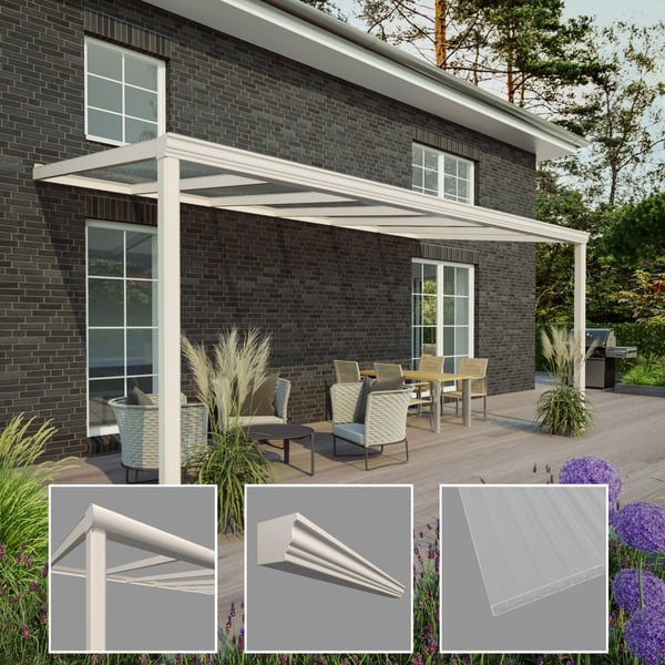 Terrassenüberdachung in RAL 9001, 16 mm Polycarbonatdach, mit Detailansichten von Profil und Platte
