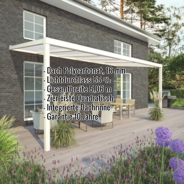 Terrassenüberdachung RAL 9001 mit Polycarbonatdach 16 mm, Eckdaten zur Überdachung eingeblendet