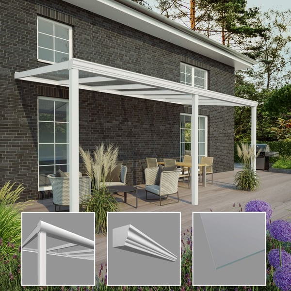 Terrassenüberdachung RAL 9016, 8,00 mm Glasdach, mit Detailansichten von Profil und Glas