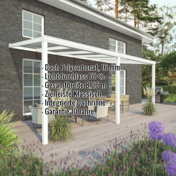 Terrassenüberdachung in RAL 9016 mit Polycarbonatdach 16 mm, Eckdaten eingeblendet