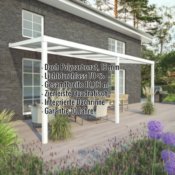 Terrassenüberdachung RAL 9016 mit Polycarbonatdach 16 mm, Eckdaten eingeblendet, infografik