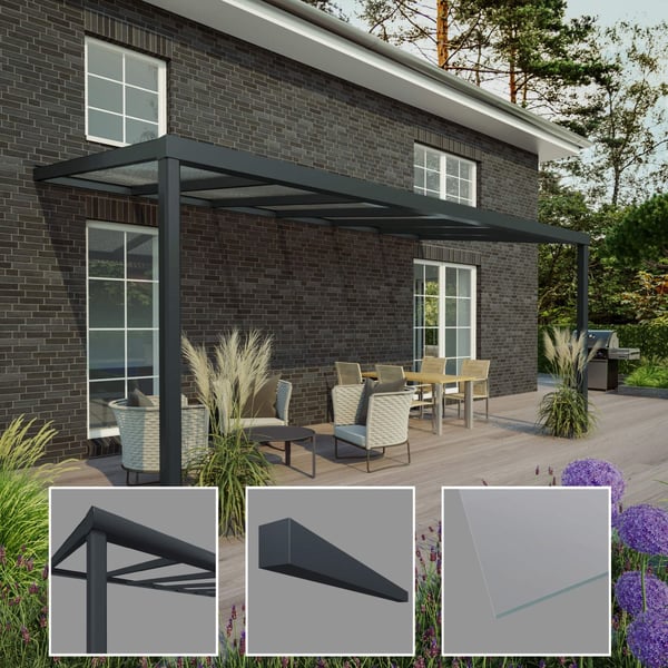 Terrassenüberdachung RAL 7016 mit 8,00 mm Glasdach und Detailansichten von Pfosten, Rinne, Glas