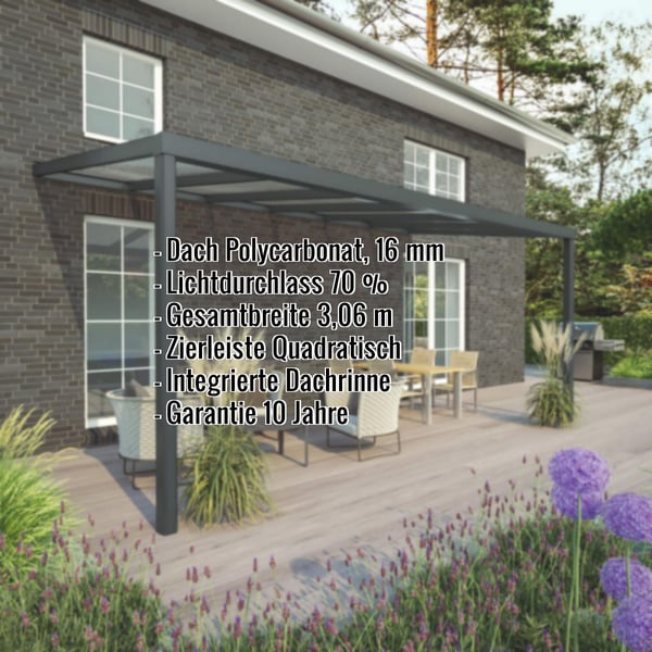 Terrassenüberdachung RAL 7016 mit Polycarbonatdach 16 mm, Eckdaten als Text eingeblendet