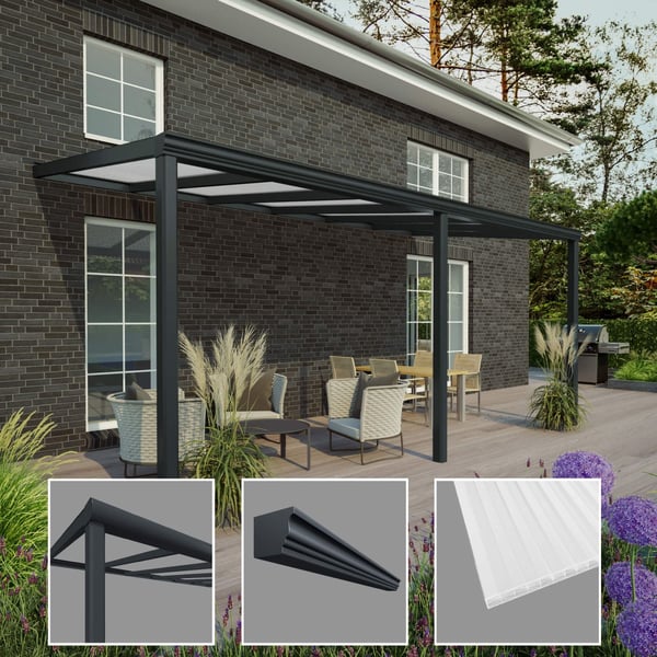 Terrassenüberdachung RAL 7016 mit 16 mm Polycarbonatdach, Detailansichten von Profil und Stegplatten