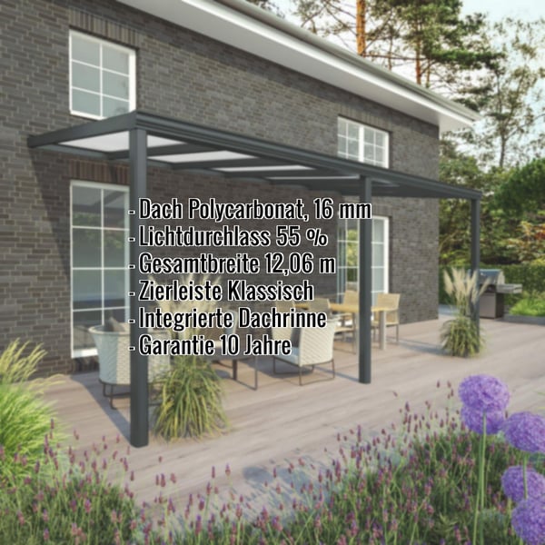 Terrassenüberdachung RAL 7016 mit 16 mm Polycarbonatdach, Eckdaten als Infografik eingeblendet