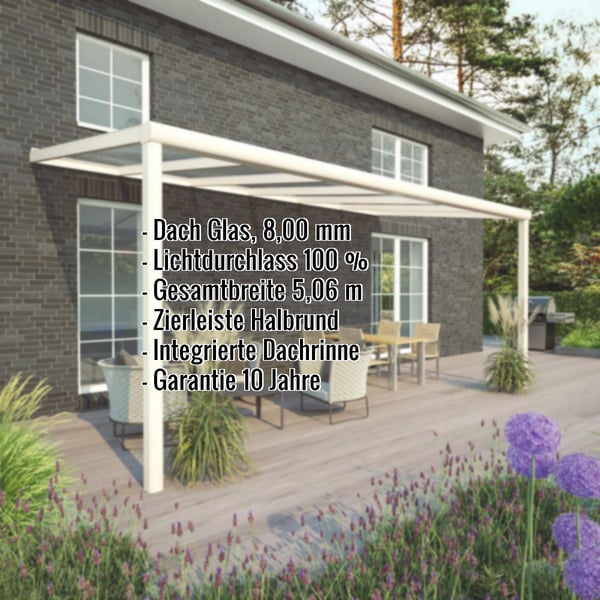 Terrassenüberdachung RAL 9001 mit 8,00 mm Glasdach und eingeblendeten Eckdaten