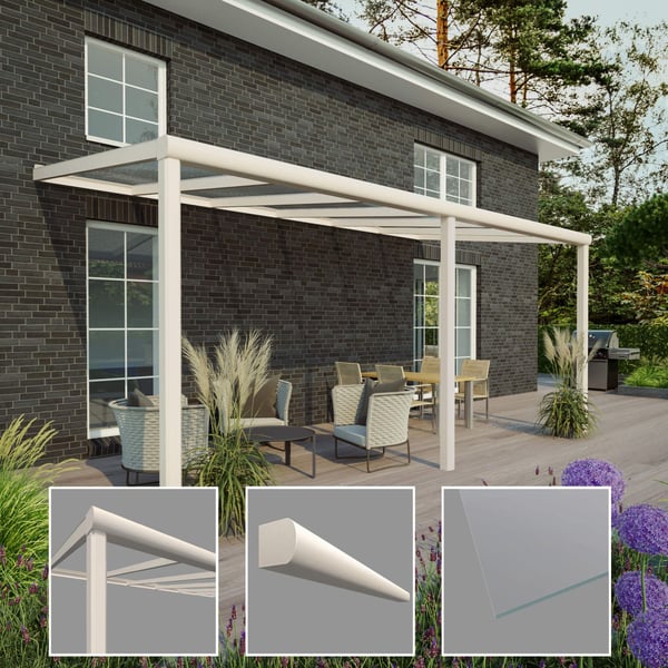 Terrassenüberdachung RAL 9001, Detailansichten von Pfosten, Zierleiste und 8,00 mm Glasplatte