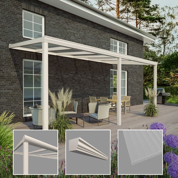 Terrassenüberdachung RAL 9001, 16 mm, mit Detailansichten von Profil, Zierleiste und Platte