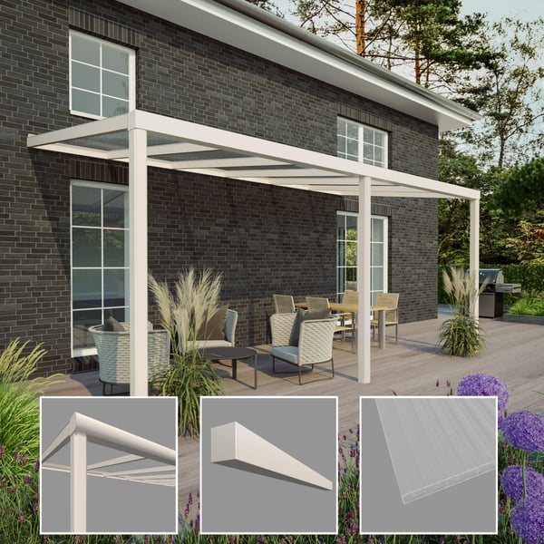 Terrassenüberdachung in RAL 9001, 16 mm, mit Detailansichten von Profil, Zierleiste und Dachplatte
