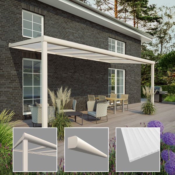 Terrassenüberdachung RAL 9001 mit 16 mm Polycarbonatdach, Details von Pfosten, Zierleiste und Dachplatte