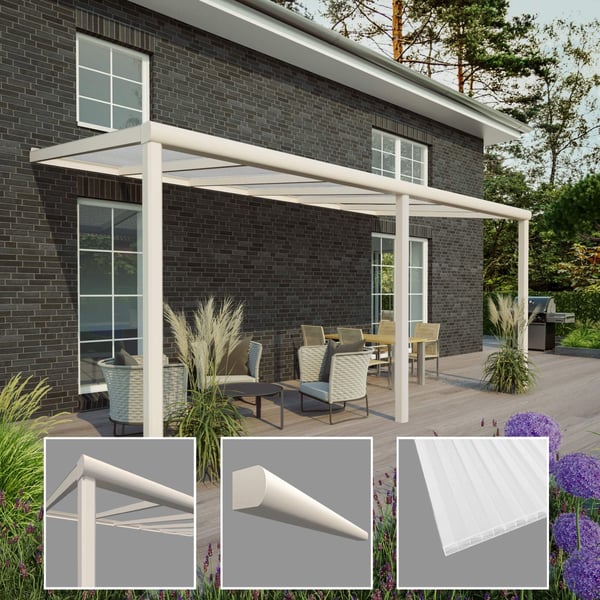 Terrassenüberdachung RAL 9001 mit 16 mm Polycarbonatdach, Details von Profil, Zierleiste und Platte