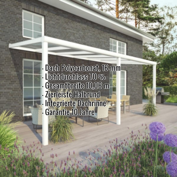 Terrassenueberdachung Sunrooms RAL 9016, 16 mm, mit eingeblendeten Eckdaten