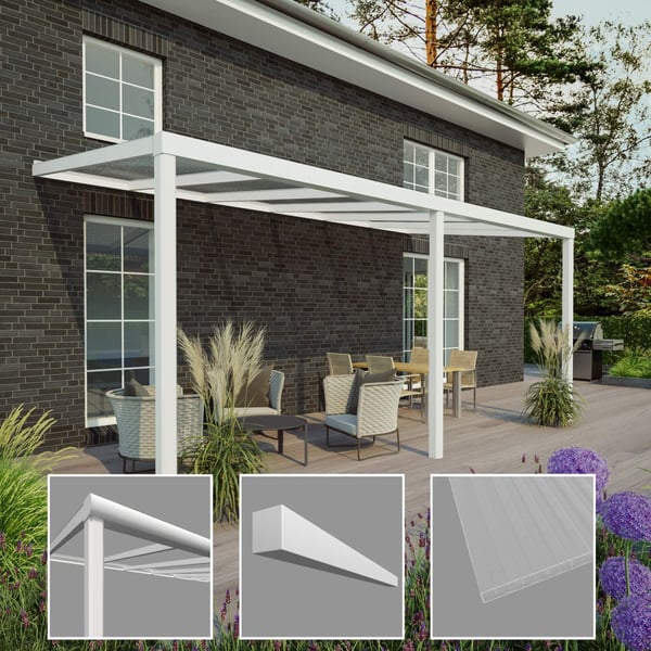 Terrassenüberdachung RAL 9016, 16 mm, mit Detailansichten von Profil und Stegplatte