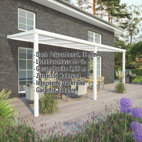 Terrassenüberdachung in RAL 9016, 16 mm Polycarbonatdach, Eckdaten zur Überdachung eingeblendet