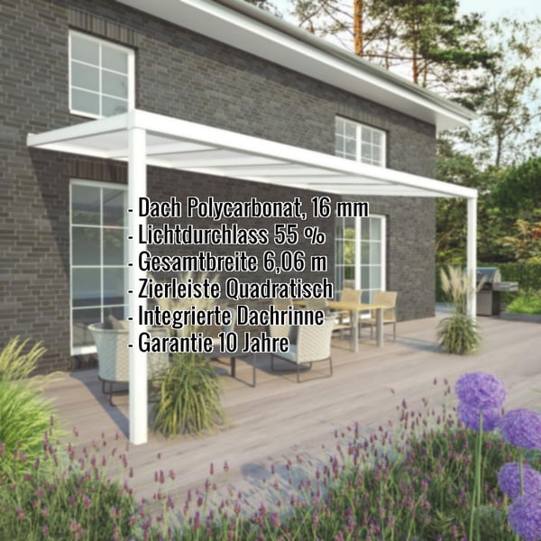 Terrassenüberdachung Sunrooms RAL 9016, 16 mm Polycarbonat, mit eingeblendeten Eckdaten