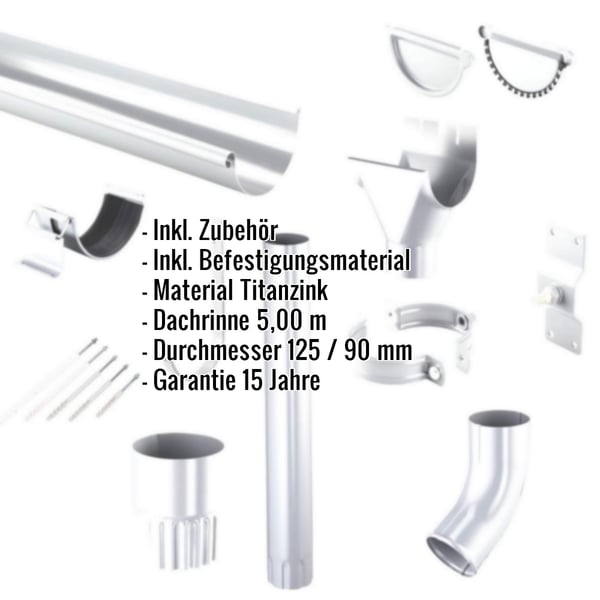 Titanzink Dachrinnen Sparpaket mit Zubehoer und eingeblendeter Infografik zu Material, Laenge und Garantie
