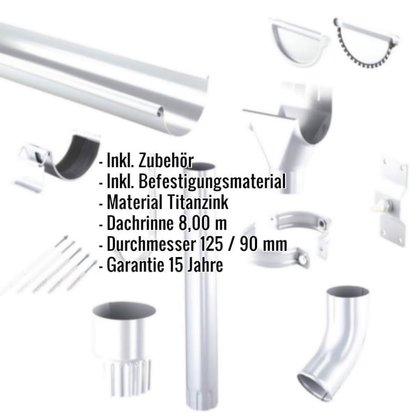 Titanzink Dachrinnen Sparpaket mit Zubehoer und Befestigungsmaterial, Eckdaten eingeblendet