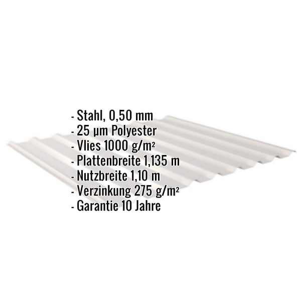 Trapezblech 20/1100 Lichtgrau, Stahl 0,50 mm, mit eingeblendeten Eckdaten