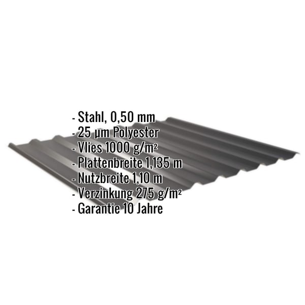 Trapezblech 20/1100 Tiefschwarz mit eingeblendeten Eckdaten zu Material, Staerke, Beschichtung und Garantie