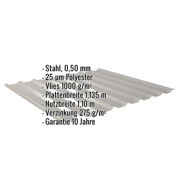Trapezblech 20/1100 Graualuminium mit eingeblendeten Eckdaten zu Material, Beschichtung und Garantie