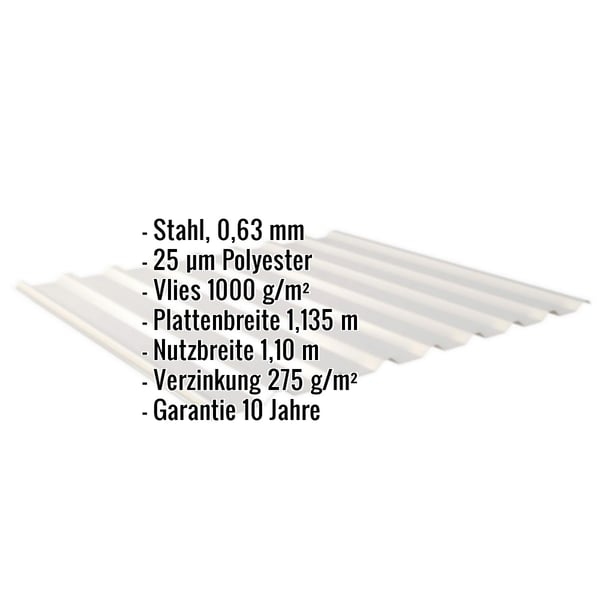 Trapezblech 20/1100 in Weißaluminium, Stahl 0,63 mm, mit Vlies 1000 g/m² und weiteren Eckdaten als Infografik