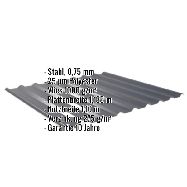Trapezblech 20/1100 anthrazitgrau, 0,75 mm Stahl, mit eingeblendeten Eckdaten