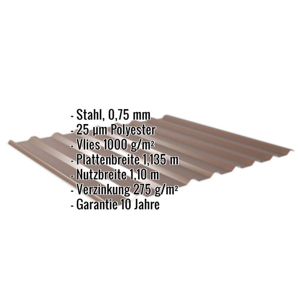 Trapezblech 20/1100 Nussbraun, Stahl 0,75 mm mit 25 µm Polyesterbeschichtung und Anti-Tropf Vlies, Eckdaten eingeblendet