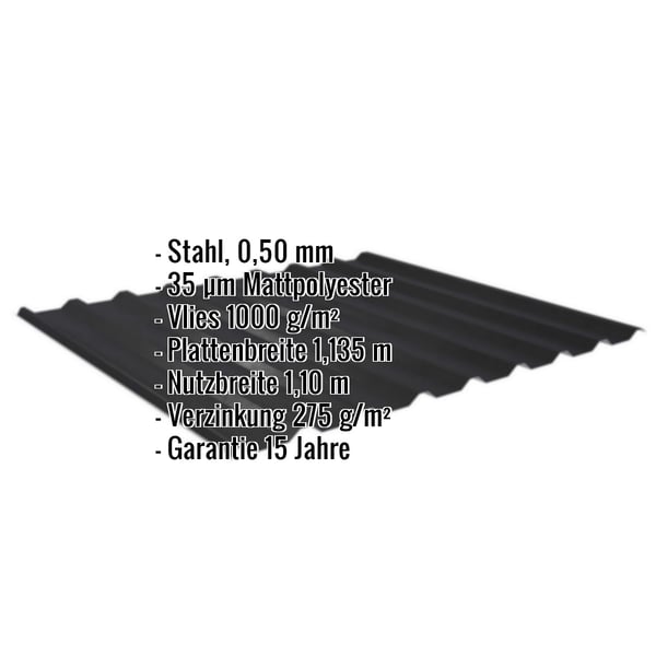 Trapezblech 20/1100 schwarz, 0,50 mm Stahl, mit Eckdaten-Liste eingeblendet