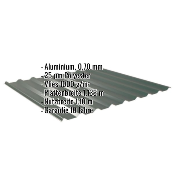 Trapezblech 20/1100 Aluminium Moosgrün mit Eckdaten-Einblendung zu Material, Stärke, Beschichtung, Breite und Garantie