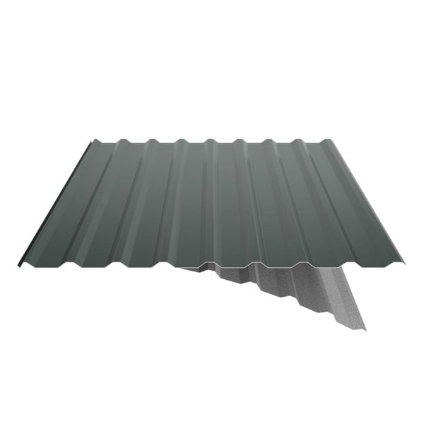 Trapezblech 20/1100 Aluminium Moosgrün mit Anti-Tropf-Vlies, teilweise abgezogen, Schnittansicht