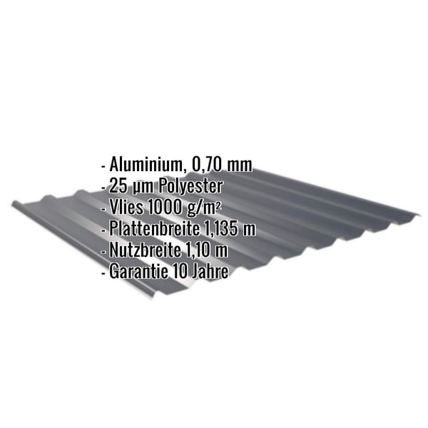 Trapezblech 20/1100 Aluminium 0,70 mm Anthrazitgrau mit eingeblendeten Eckdaten