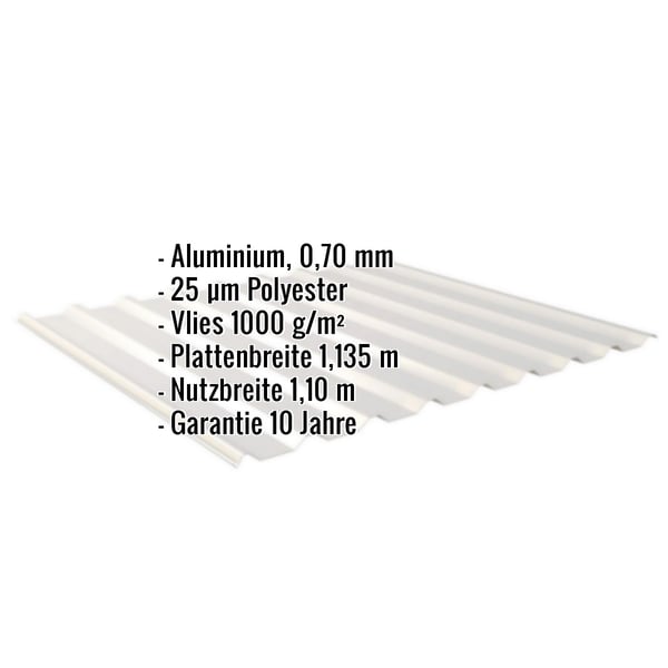 Trapezblech 20/1100 Aluminium 0,70 mm Weißaluminium, Eckdaten eingeblendet