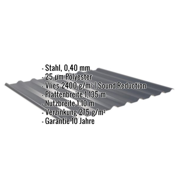Trapezblech 20/1100 anthrazitgrau, 0,40 mm mit Anti-Tropf-Vlies, Eckdaten eingeblendet