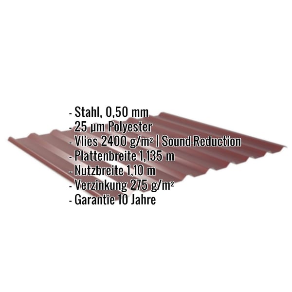 Trapezblech 20/1100 weinrot, Stahl 0,50 mm, Polyester 25 µm, Vlies 2400 g/m², Eckdaten eingeblendet