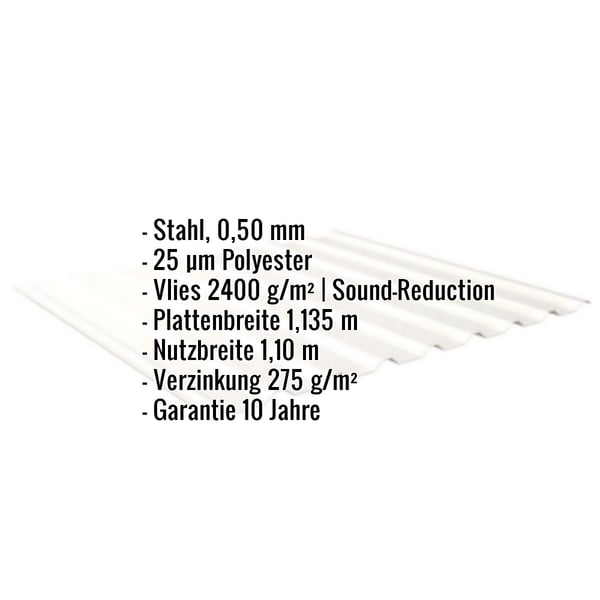 Infografik: Trapezblech 20/1100, Stahl 0,50 mm, Reinweiß, mit Vlies 2400 g/m² und Eckdaten