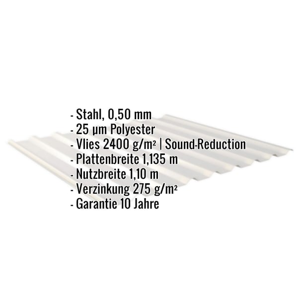 Trapezblech 20/1100, Weißaluminium RAL 9006, mit eingeblendeten Eckdaten zu Material, Stärke und Beschichtung