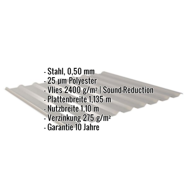 Trapezblech 20/1100 Graualuminium mit eingeblendeten Eckdaten zu Material, Staerke, Beschichtung und Garantie